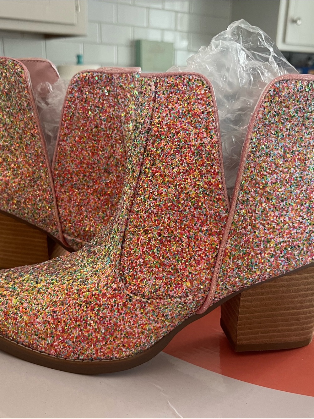 Multicolor Pink Glitter Ankle Boots for Women - Picture 2 of 5